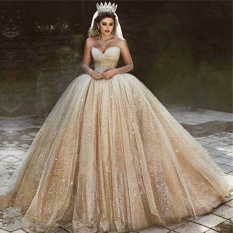 Luxury Arabic Gold Wedding Dresses 2019 Sequins Princess Ball Gown ...