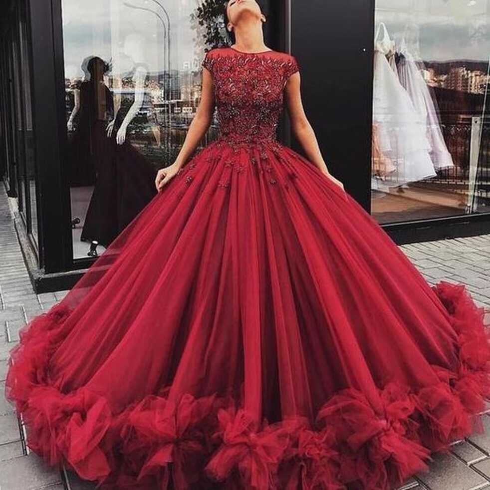 Luxury Ball Gown Burgundy Cap Sleeves Dazzling Beading Top Tulle ...