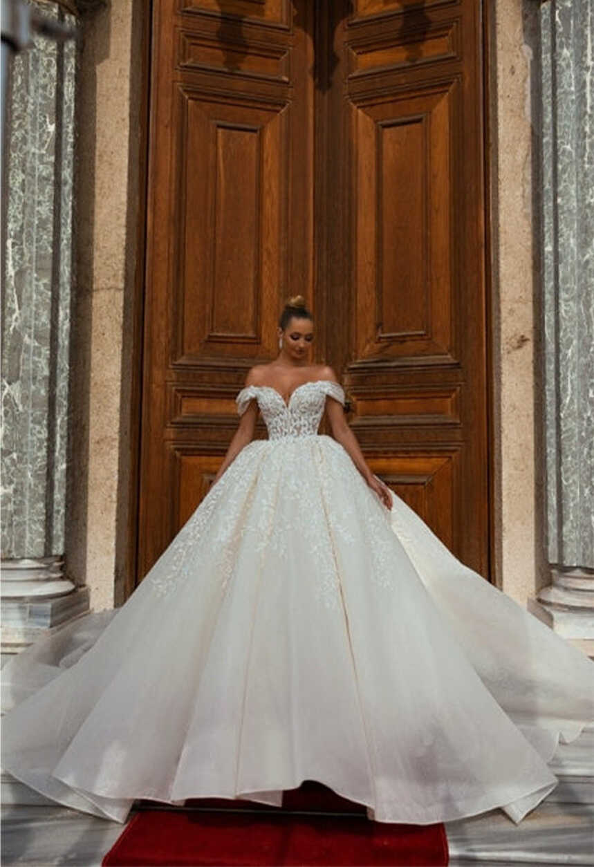 Luxury Ball Gown Off The Shoulder Tulle Cathedral Train Wedding ...