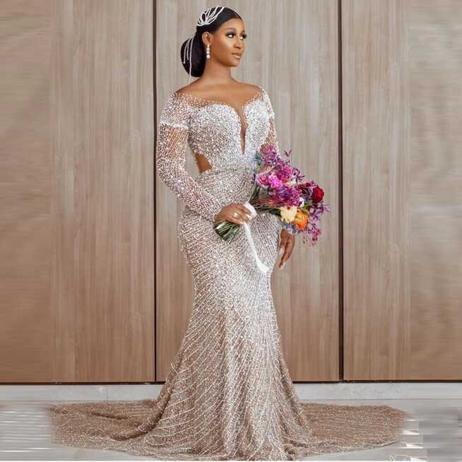 Luxury Beaded Wedding Dresses Mermaid Shape Long Sleeves With Long ...