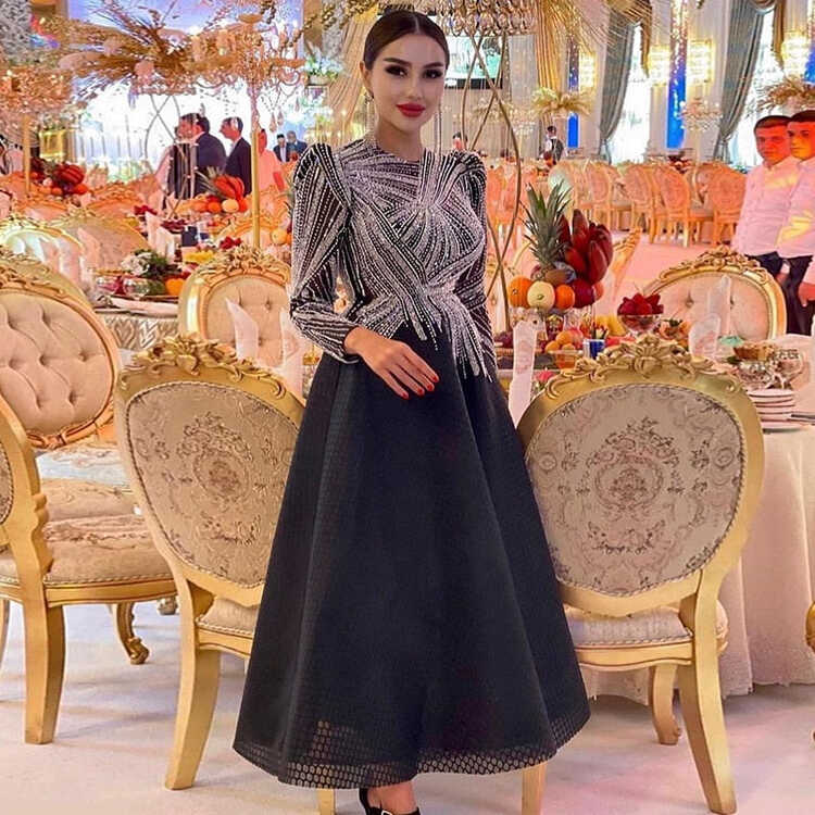 Luxury Black Short Evening Dress Long Sleeve 2023 Elegant A-Line ...