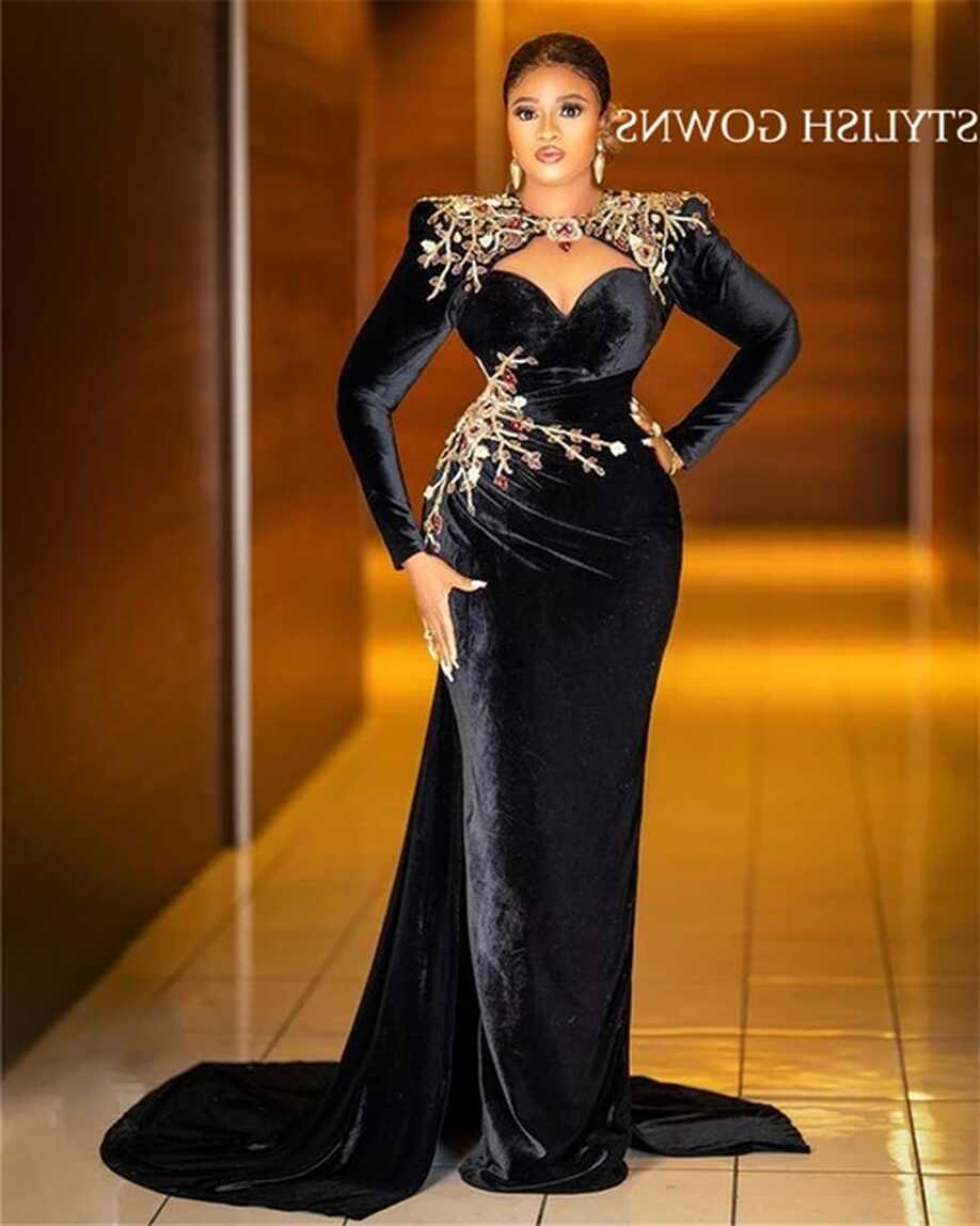 Luxury Black Velvet African Mermaid Evening Dresses Beaded Crystal ...