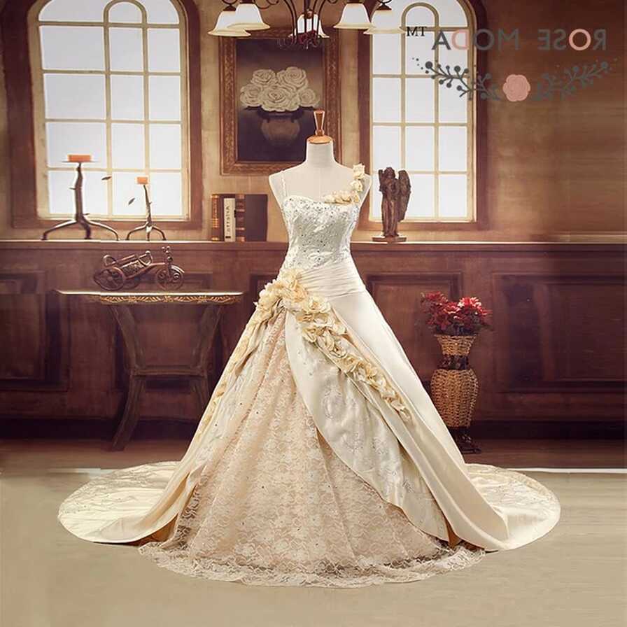 Luxury Champagne Gold 3D Roses Royal Ball Gown Cathedral Train ...