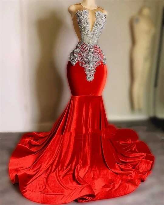 Luxury Crystal Beads Red Prom Dresses For Black Girls Mermaid 2023 ...