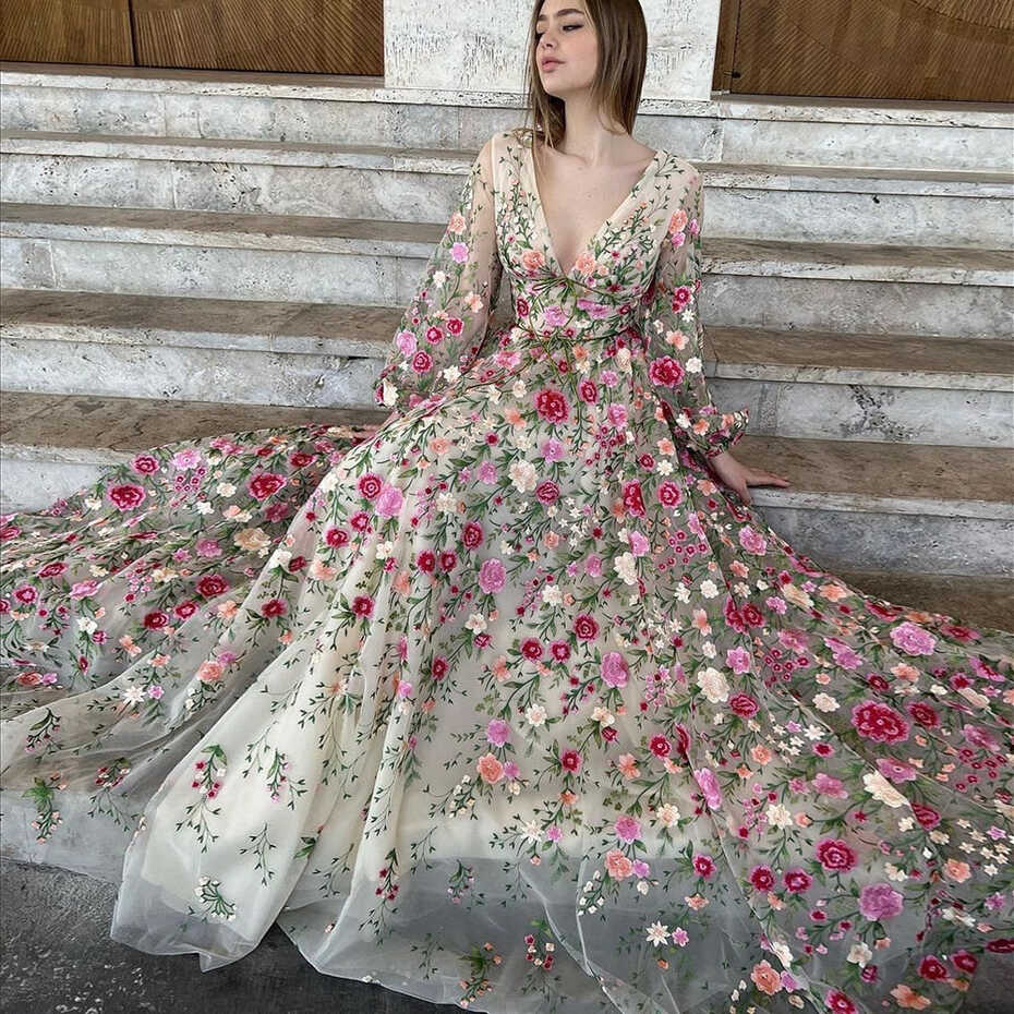 Luxury Embroidery Long Evening Dress Garden Floral Vintage Formal ...