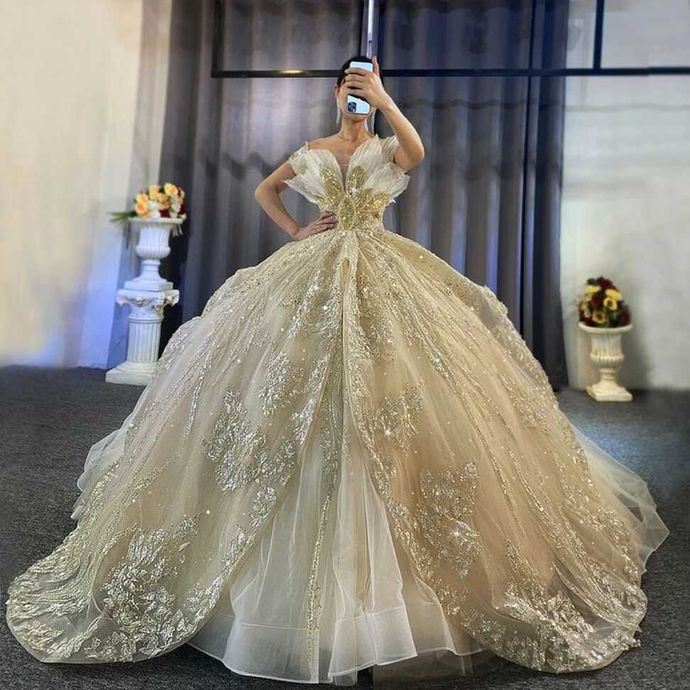 Luxury Gold Wedding Dress Long Sleeve V Neck Full Beading Ball Gown