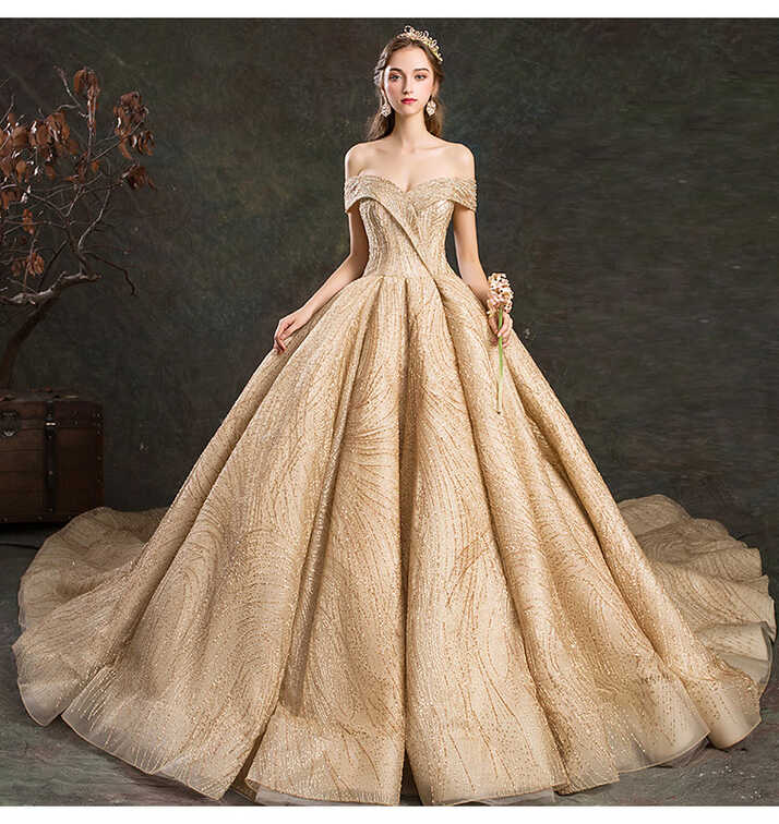 Luxury Golden Handmade Princess Bridal Gown.