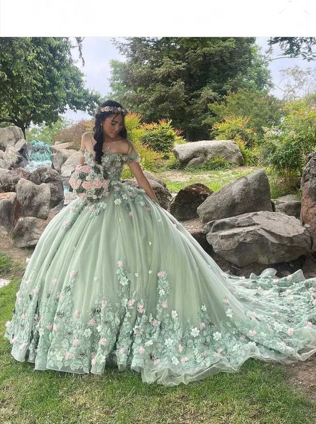 Luxury Green Princess Quinceanera Dresses Off Shoulder 3D Flowers ...