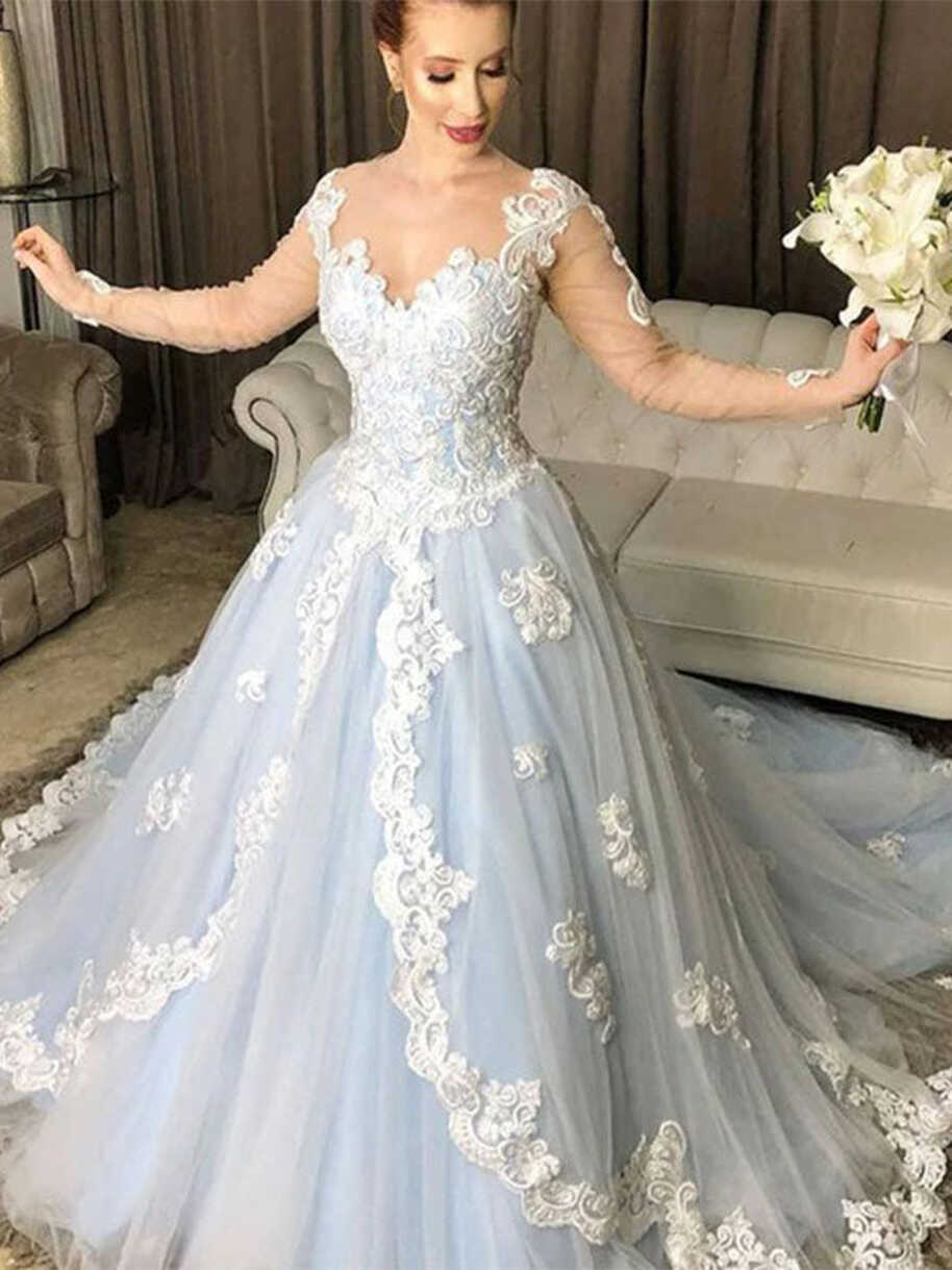 Luxury Ice Blue Lace Long Sleeves A-line Long Prom Dress, Gown ...