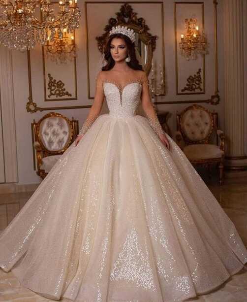 Luxury Long Ball Gown Sweetheart Sparkly Wedding Dress with Sleeves