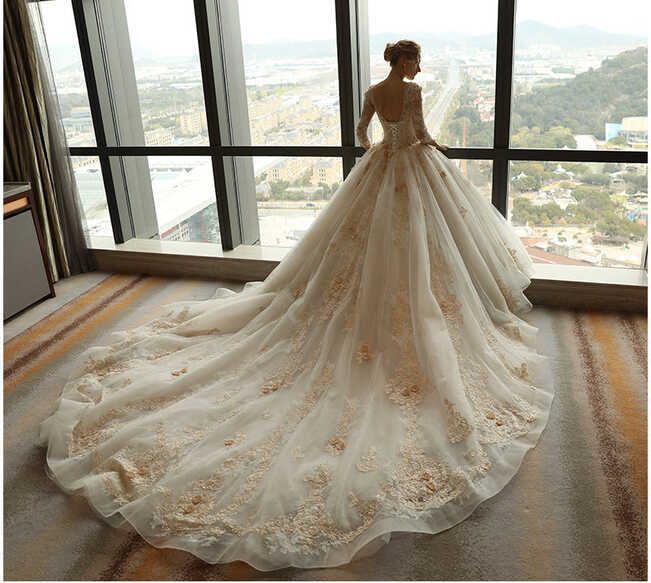 Luxury Long Sleeves Cathedral Train A Line Wedding Dress Bridal ...