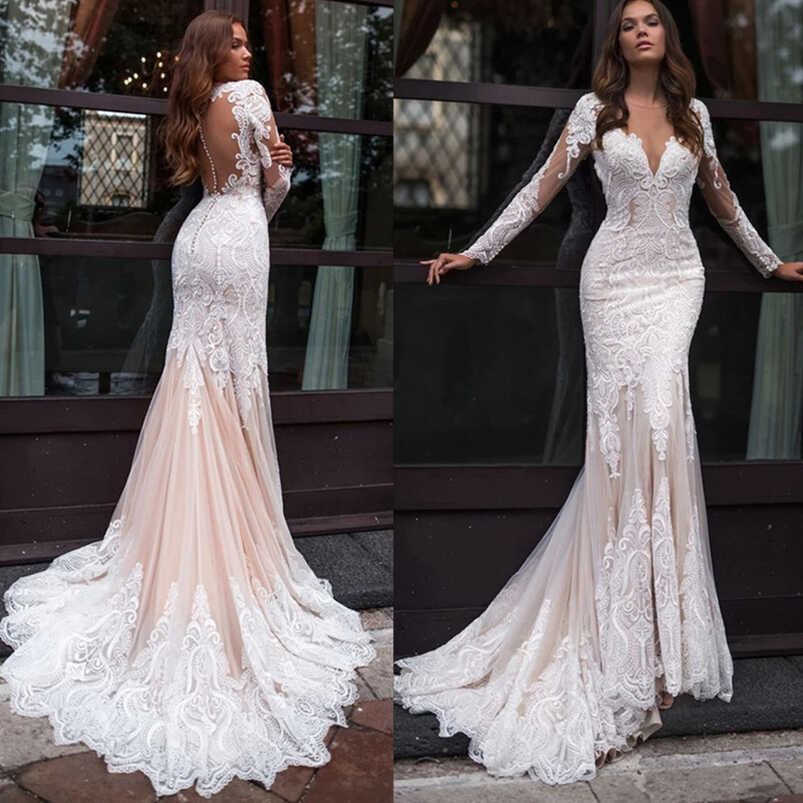 Luxury Mermaid Long Sleeve Lace Wedding Dresses 2024 O-Neck Tulle ...