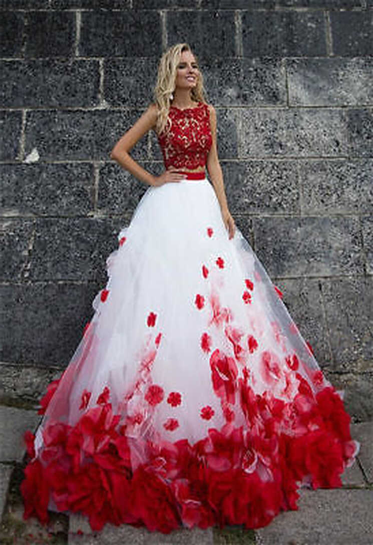 Luxury Red And White Flowers Two Pieces Lace Tulle Wedding Dresses ...