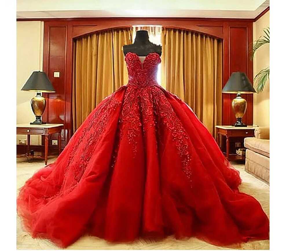 Luxury Red Lace Red Ballgown Wedding Dress With Beaded Sweetheart ...