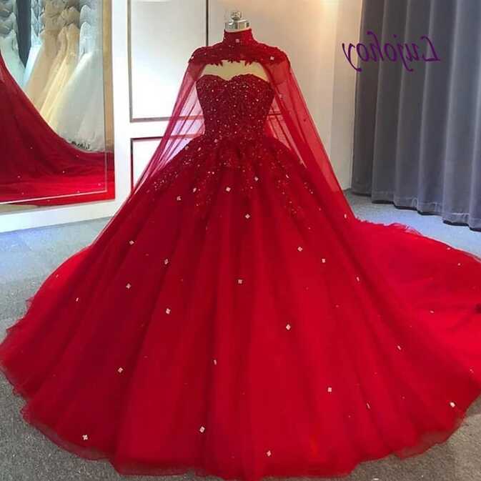 Luxury Red Lace Wedding Dresses Plus Size With Cape Crystal Ball ...