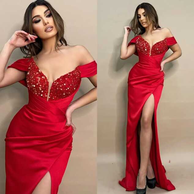 Luxury Sexy Red Prom Dresses Sequins Off Shoulder Evening Dresses ...