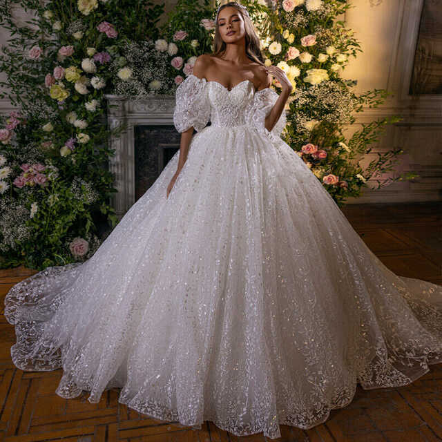 Luxury Sweetheart Princess Wedding Dresses Half Sleeve Beading ...