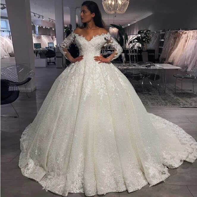 Luxury Wedding Dresses with Train Long Sleeve Glitter Lace ...