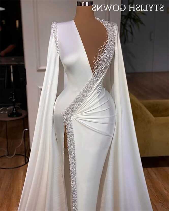 Luxury White Deep V Neck Evening Dresses With Long Sleeves Beaded ...