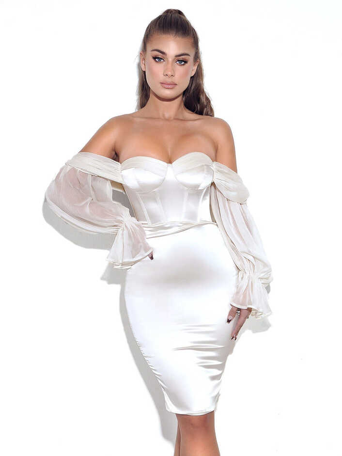 Lydia Pearl White Satin Off Shoulder Puff Sleeve Dress – Miss Circle