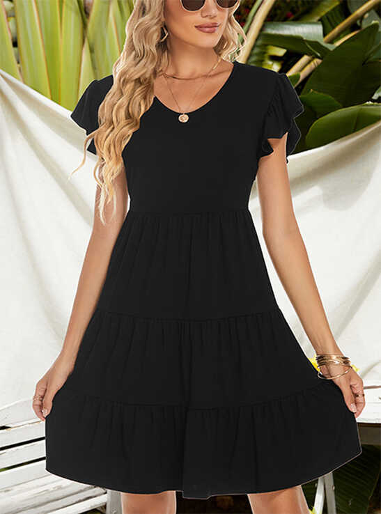 Lyrur Black Dresses for Women Cute Ruffle Sleeve Mini Tiered ...