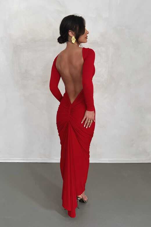 MÉLANI The Label CAMILA Red Long Sleeve Backless Semi Formal Midi Dres