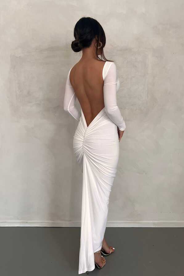 MÉLANI The Label CAMILA White Long Sleeve Backless Semi Formal Midi Dr