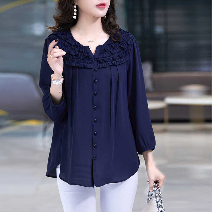 M-6XL Plus Size Women&#39;s Loose Blouse Round Neck Chiffon Shirt ...