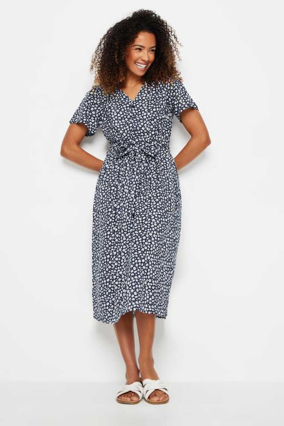 M&amp;Co Navy Blue Floral Print Button Down Short Sleeve Midi Dress | M&amp;Co