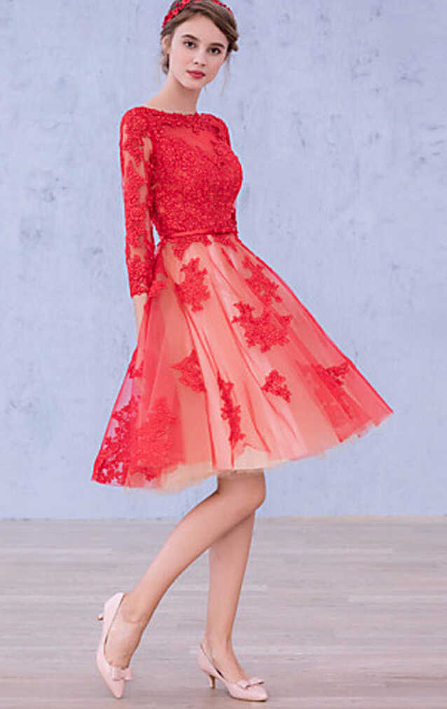 MACloth 3/4 Sleeves Lace Cocktail Dress Midi Red Wedding Party Formal