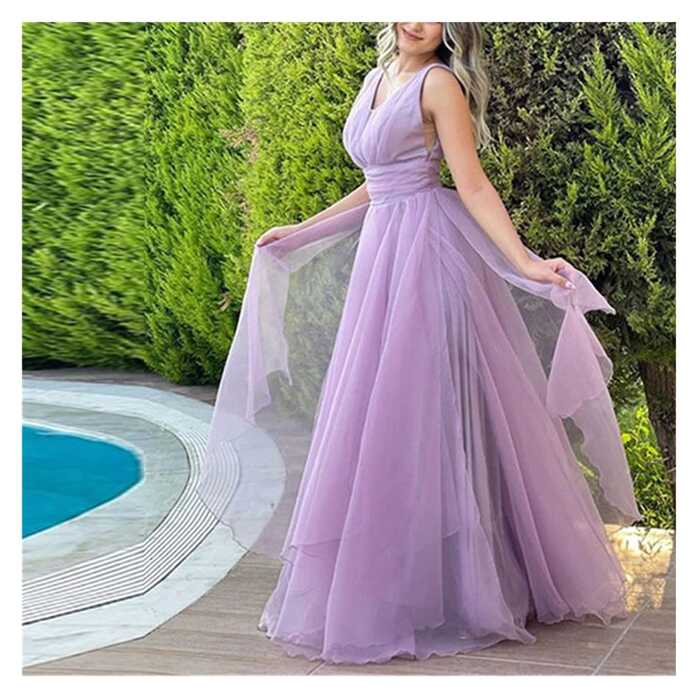 MBBJM Simple V-Neck Light Purple Chiffon Boho Prom Dresses Tiered ...