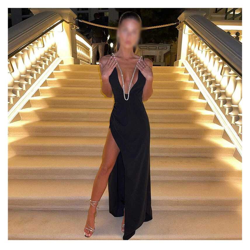 MHRCJ Deep V-Neck Backless Long Party Dresses Black Spaghetti ...