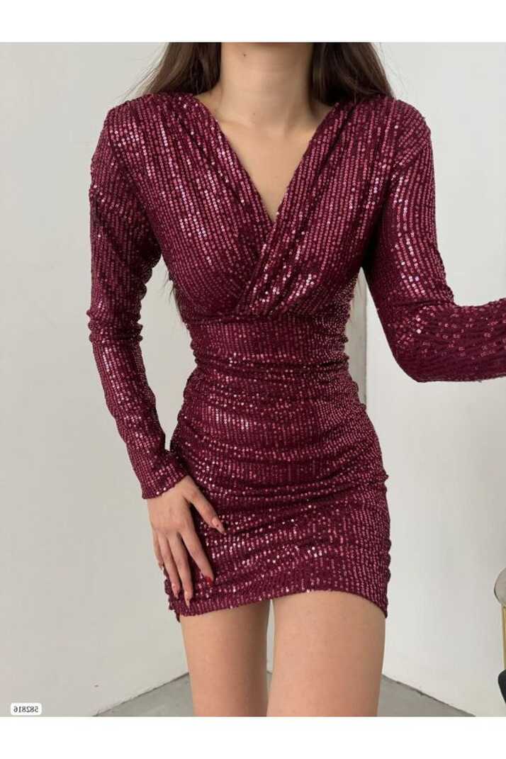 MODAKOKOSH V Neck Long Sleeve Sequin Sequin Design Mini Dress ...