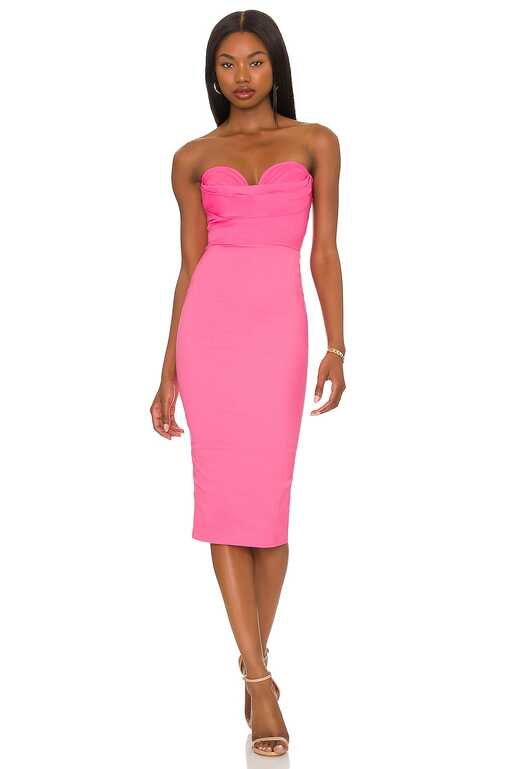 MORE TO COME Sophia Strapless Midi Dress in Pink | REVOLVE