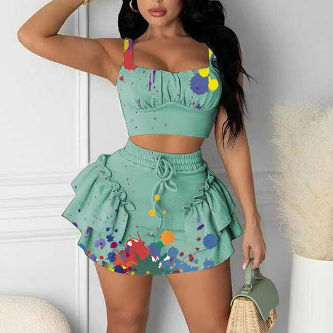 MRULIC 2022 Green Two Piece Women&#39;s Outfit Set - Cami Crop Tops ...