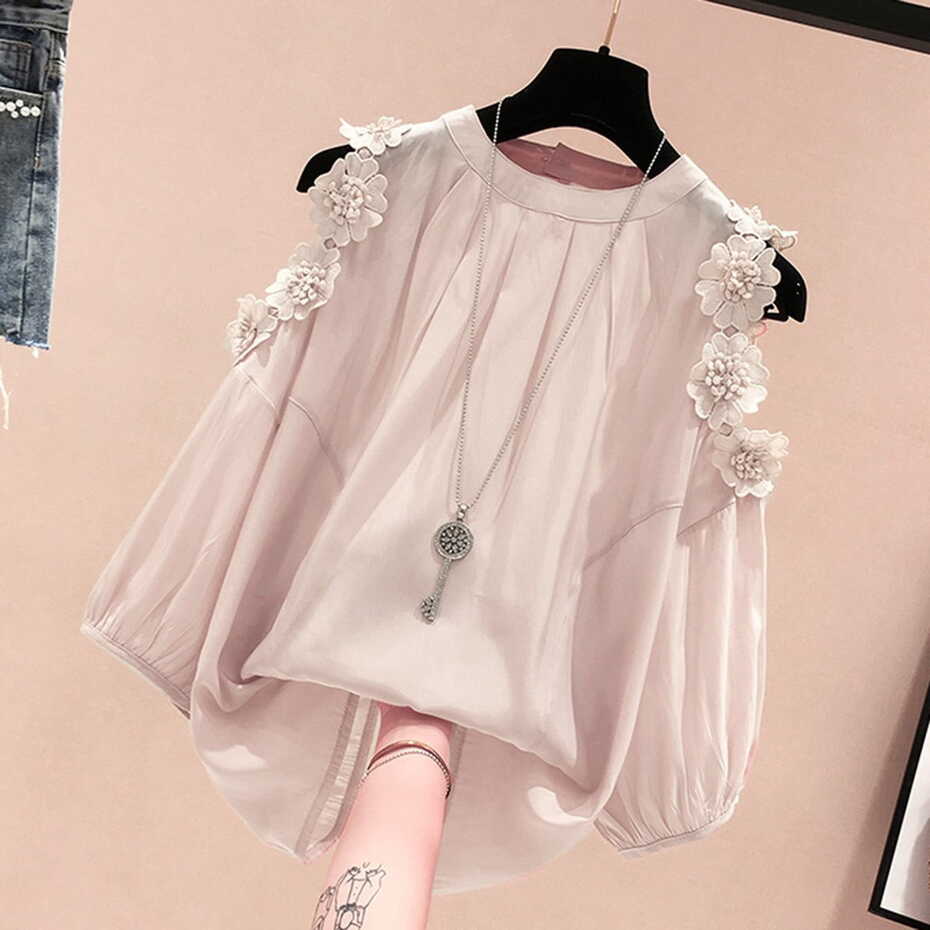 MRULIC chiffon blouses for women Fashion Women O-Neck Solid Half ...