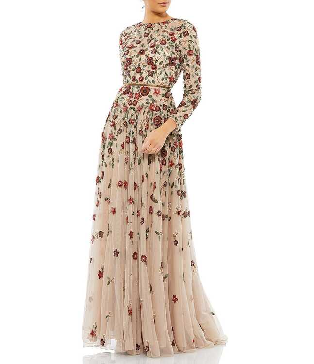 Mac Duggal Floral Beaded Crew Neck Long Sleeve Pleated Chiffon ...