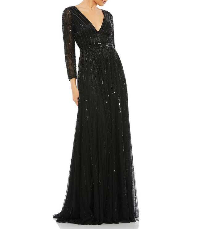 Mac Duggal Long Sleeve V-Neck Sequin A-Line Gown | Dillard&#39;s