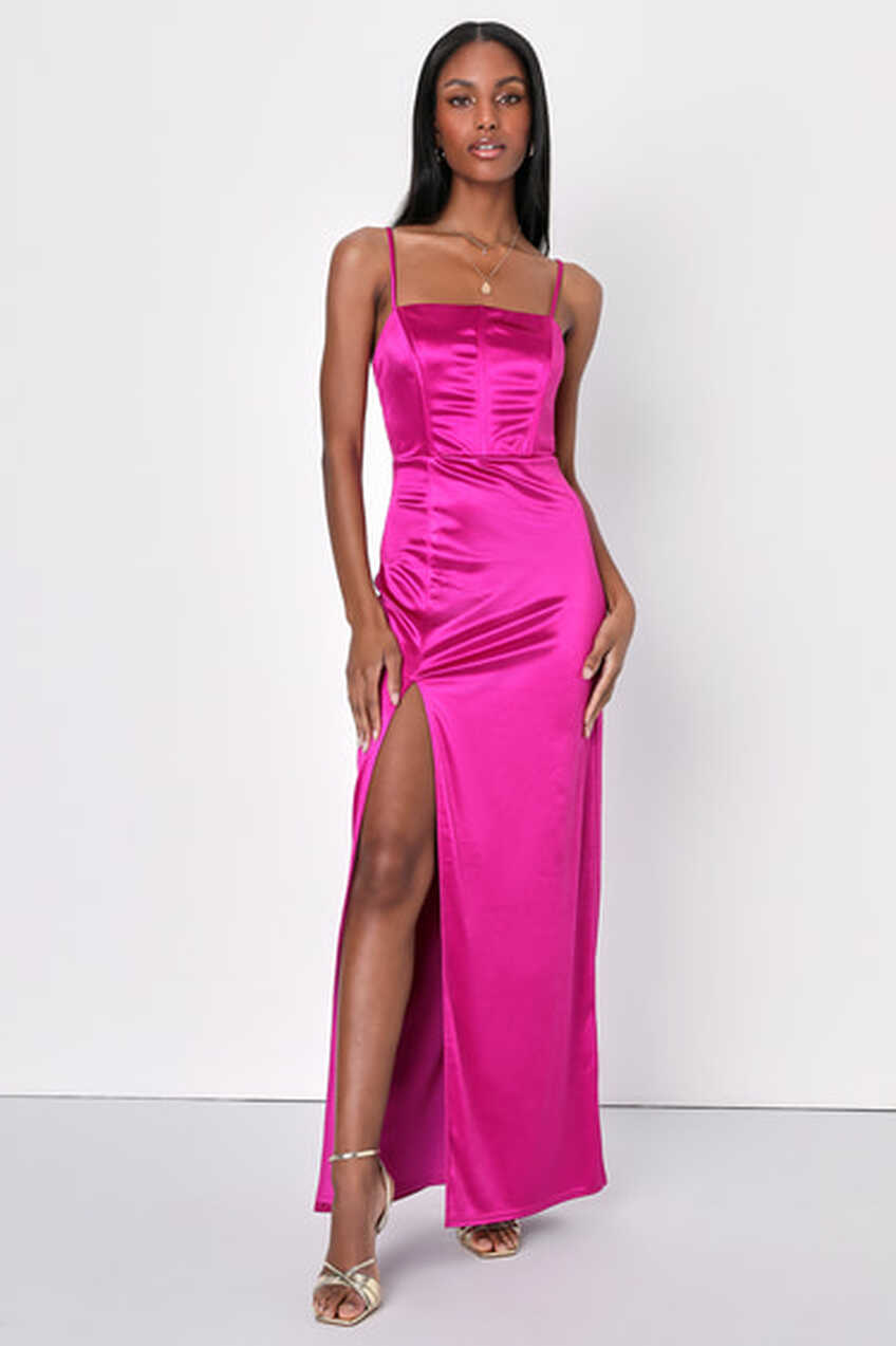 Magenta Backless Dress - Satin Maxi Dress - Bustier Maxi Dress - Lulus