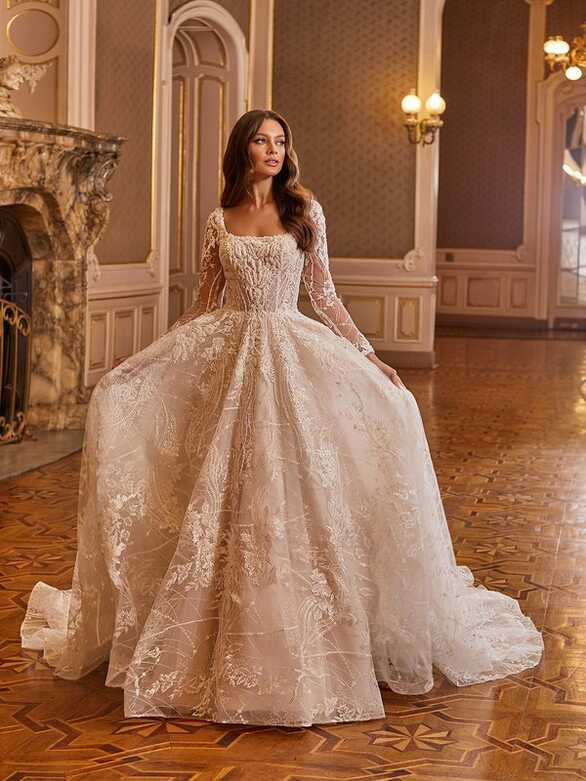 Magical Sparkly Long Sleeve Ball Gown with Square Neck Wedding ...