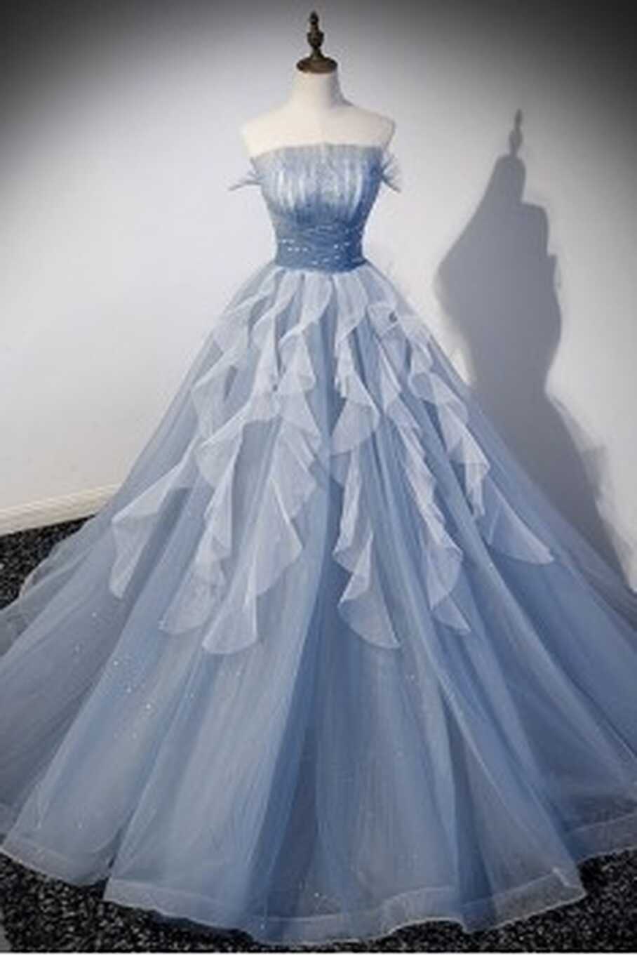 Majestic Blue Fantasy Ruffled Tulle Ballgown Prom Dress with Long ...