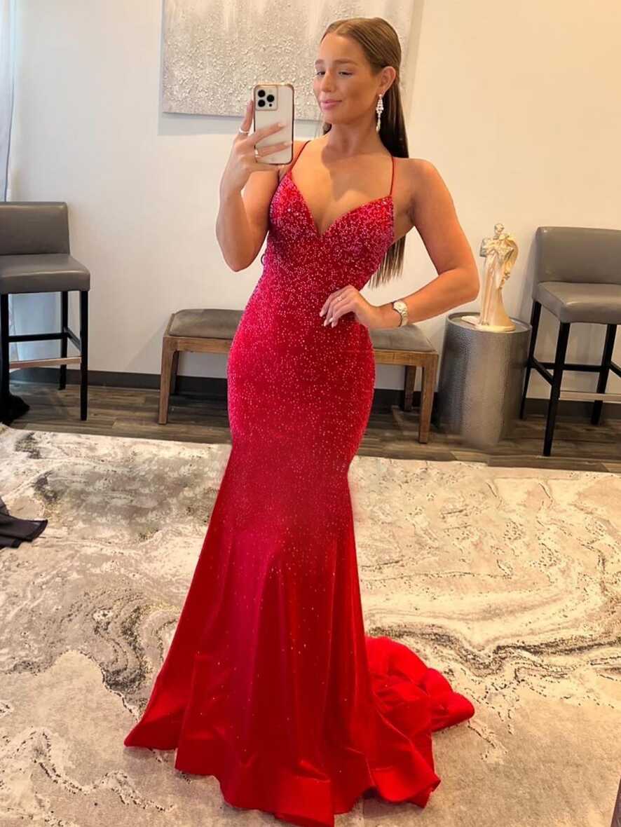 Malia Red Mermaid V Neck Glitter Satin Prom Dress | KissProm