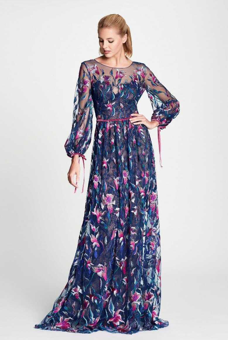 Marchesa Navy Blue Long Sleeve Floral Evening Gown | Lyst