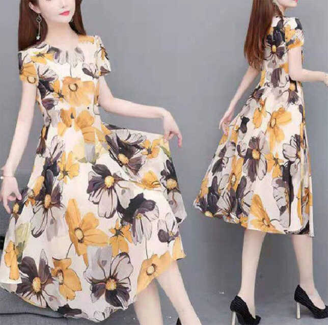 MariaKinz Women Floral Summer Casual Short Sleeve Knee Length Dress