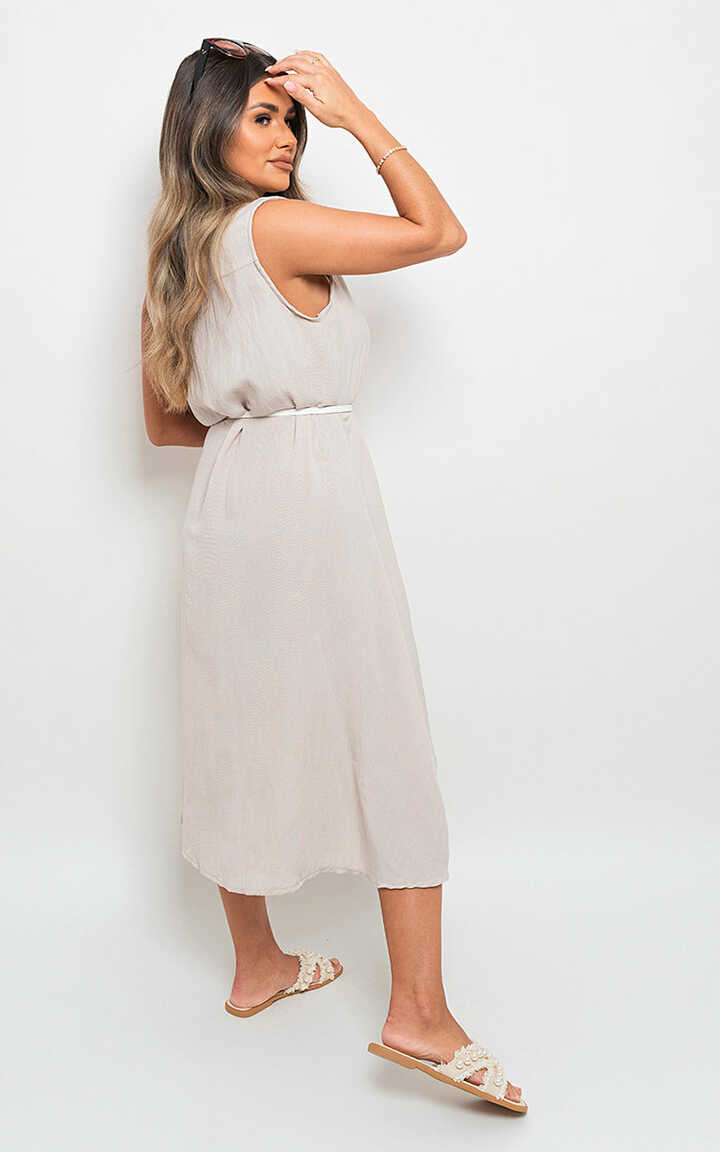 Marina Casual Collared Button Down Sleeveless Midi Dress in Beige ...