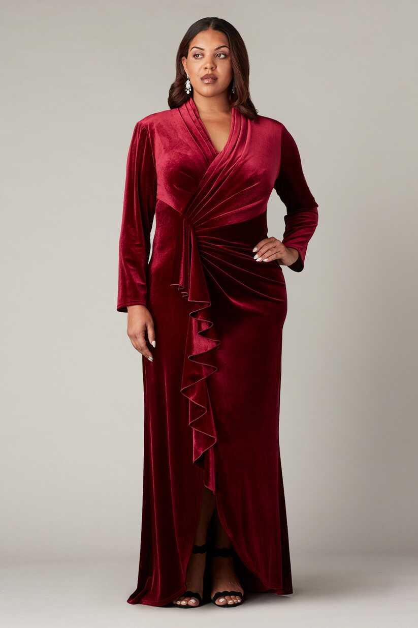 Markum Long-Sleeve Velvet Flounce Gown - PLUS SIZE | SHO