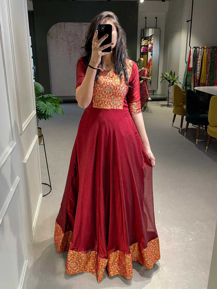 Maroon Color Weaving Work Rangoli Silk Gown Dress