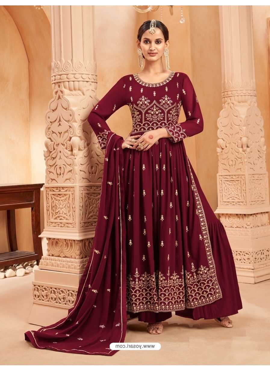 Maroon Faux Georgette Embroidered Naira Cut Palazzo Suit YOS26219