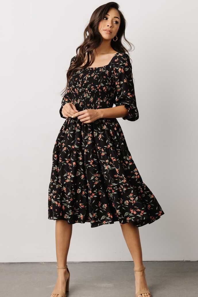 Marta Smocked Midi Dress | Black Floral | Baltic Born