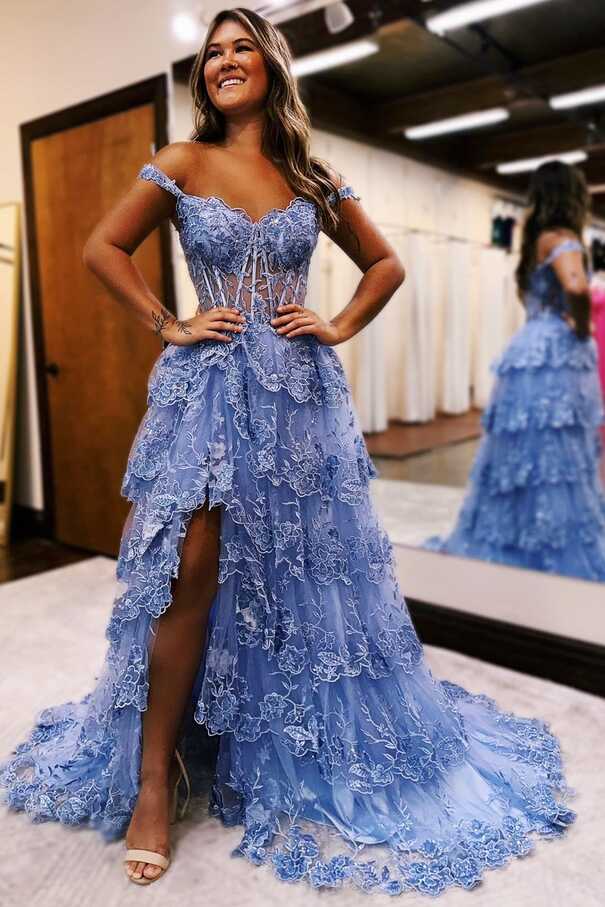 Maryann | Periwinkle Tulle Appliques Off-the-Shoulder Ruffle Long ...